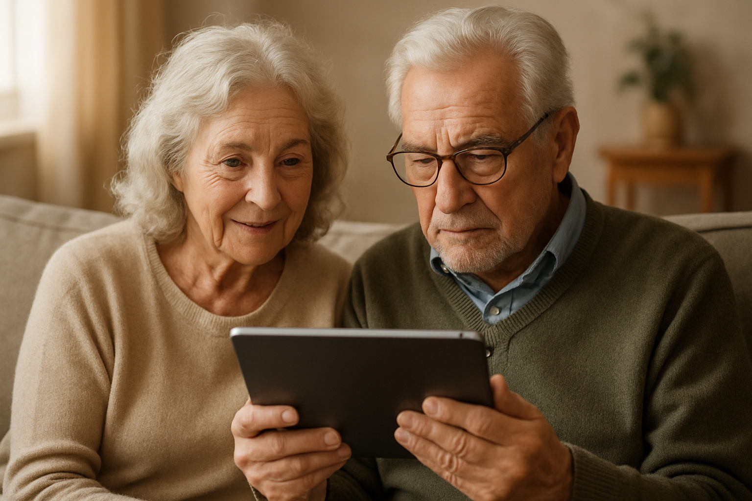 due anziani che guardano un  tablet